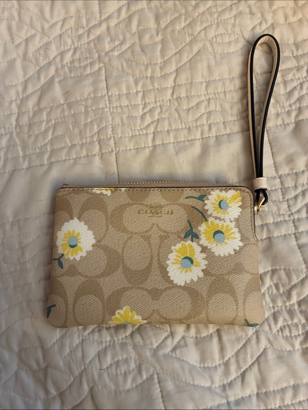 Coach Beige Signature Daisy Wristlet with Yellow Accents